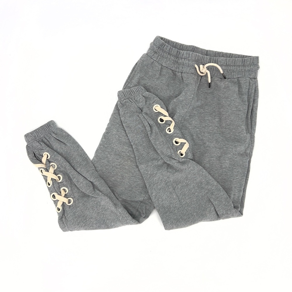 Dance & Marvel Heather Gray Knit Pants Lace up ankles High waisted Size Small